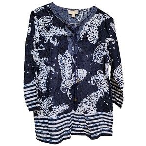 Michael Kors 3/4 Sleeve Size L Blue Boho Top Ethnic Print